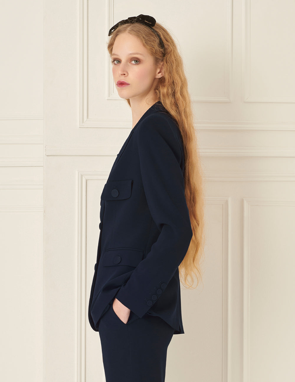 BORA AKSU Gun Lapel Front Shoulder Navy Blue Blazer