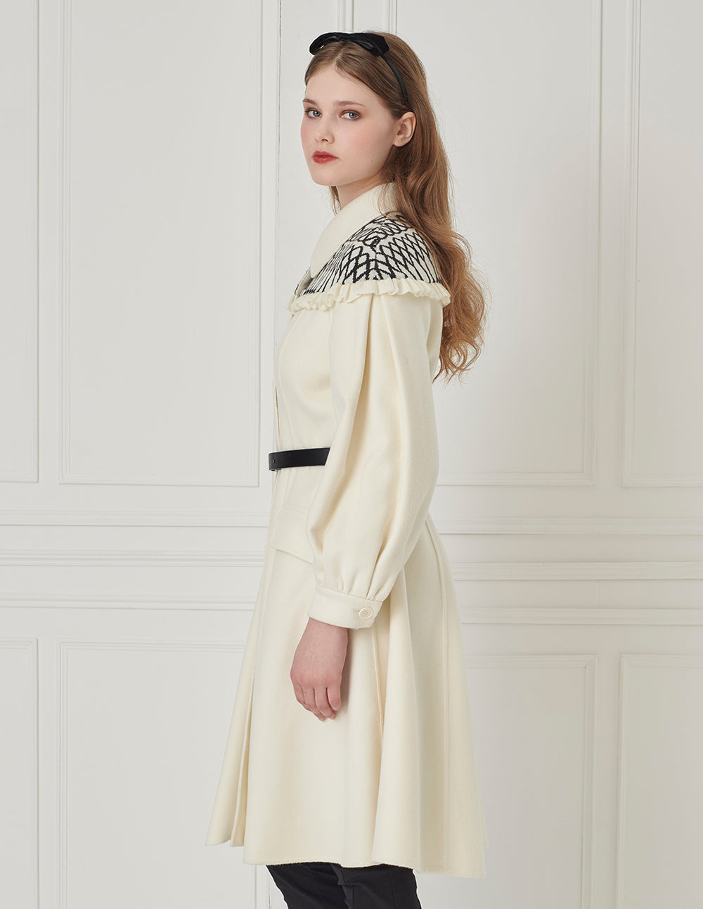 BORA AKSU Shirt-Collar Geometric Knitted Patchwork Fitted Umbrella Hem Coat