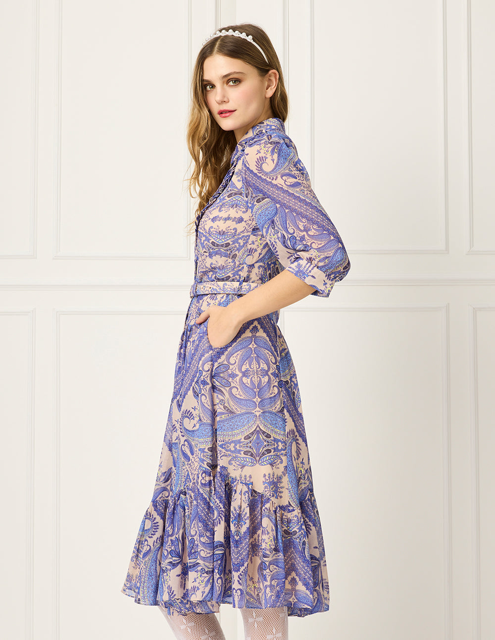 BORA AKSU Tuxedo-Shirt Collar Puff Sleeve Paisley Print Pleated Midi Shirt Dress