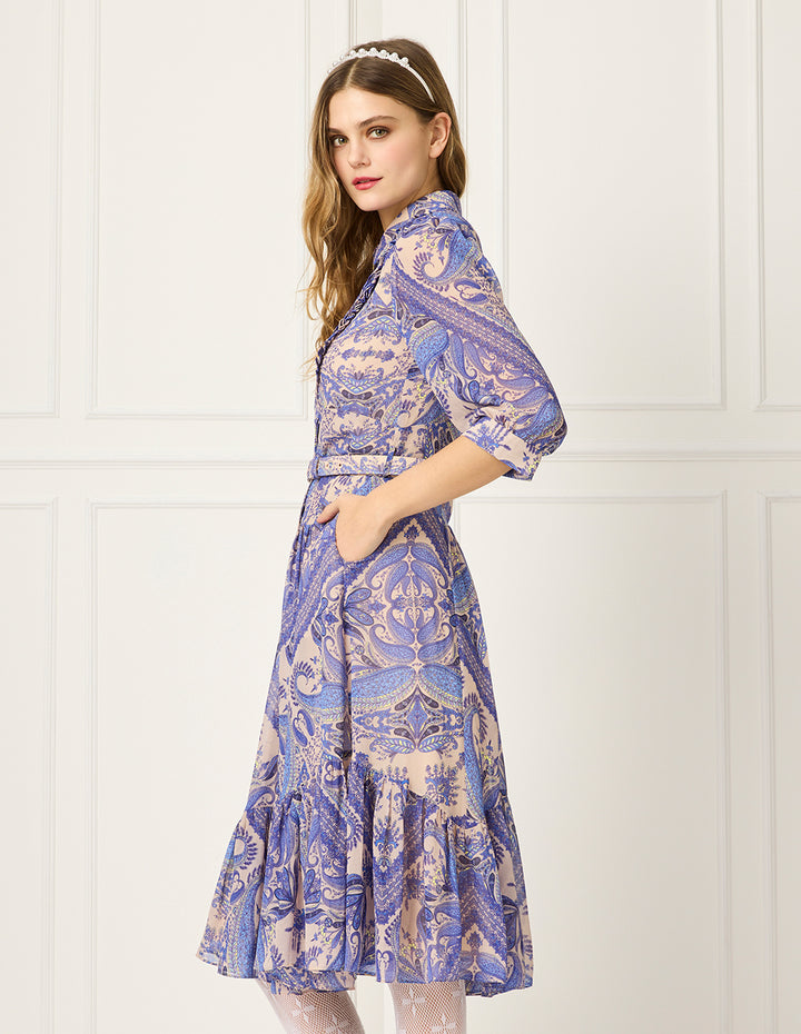 BORA AKSU Tuxedo-Shirt Collar Puff Sleeve Paisley Print Pleated Midi Shirt Dress