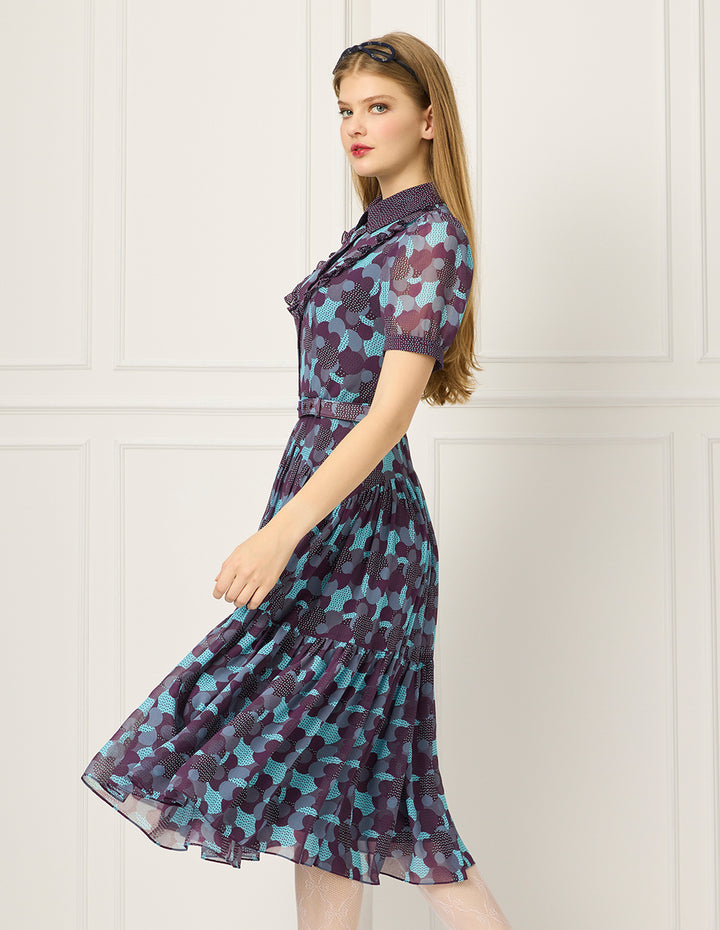 BORA AKSU Lapel Ruffle Trim Polka Dots Puff Short Sleeve Pleated Midi Shirt Dress