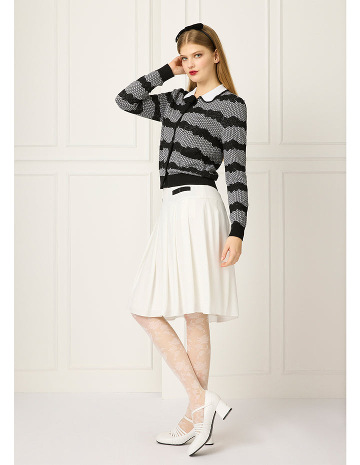 BORA AKSU Black & White Contrast High-Waist Pleated Knee-Length Skirt