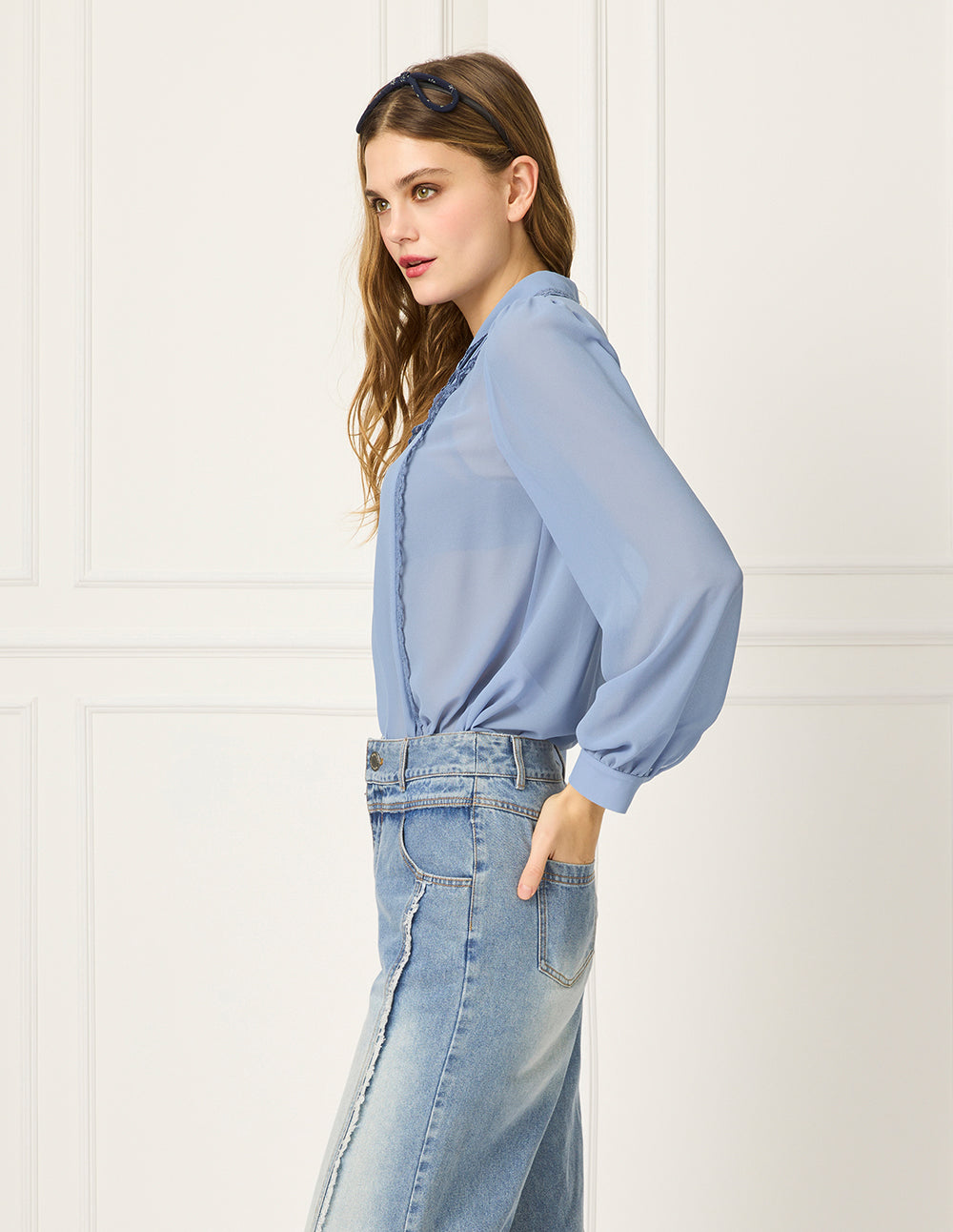 BORA AKSU Puff Sleeve Floral Trim Long-Sleeve Blouse