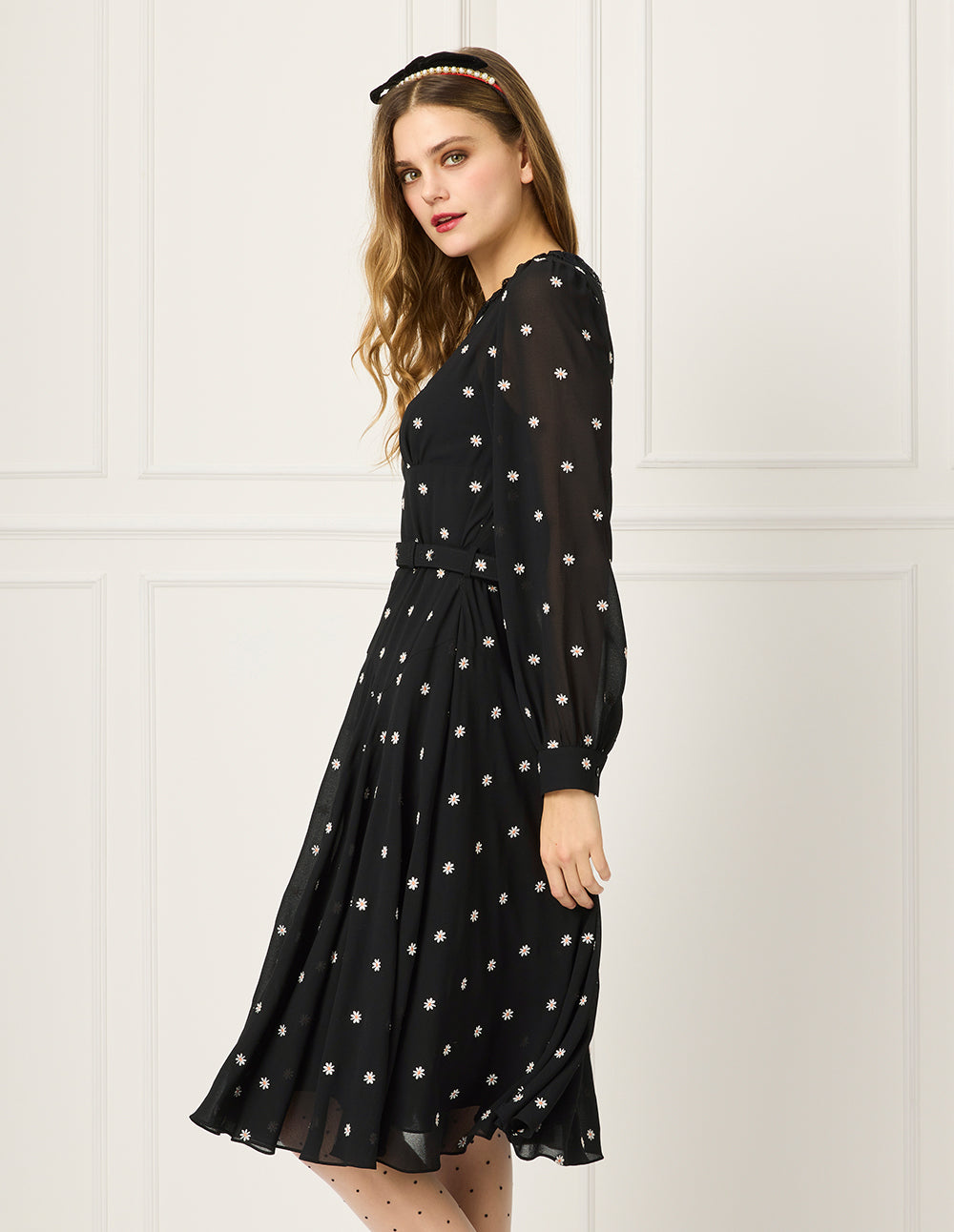 BORA AKSU Lace Round-Neck Puff Long Sleeve Daisy Floral Embroidered Midi Dress