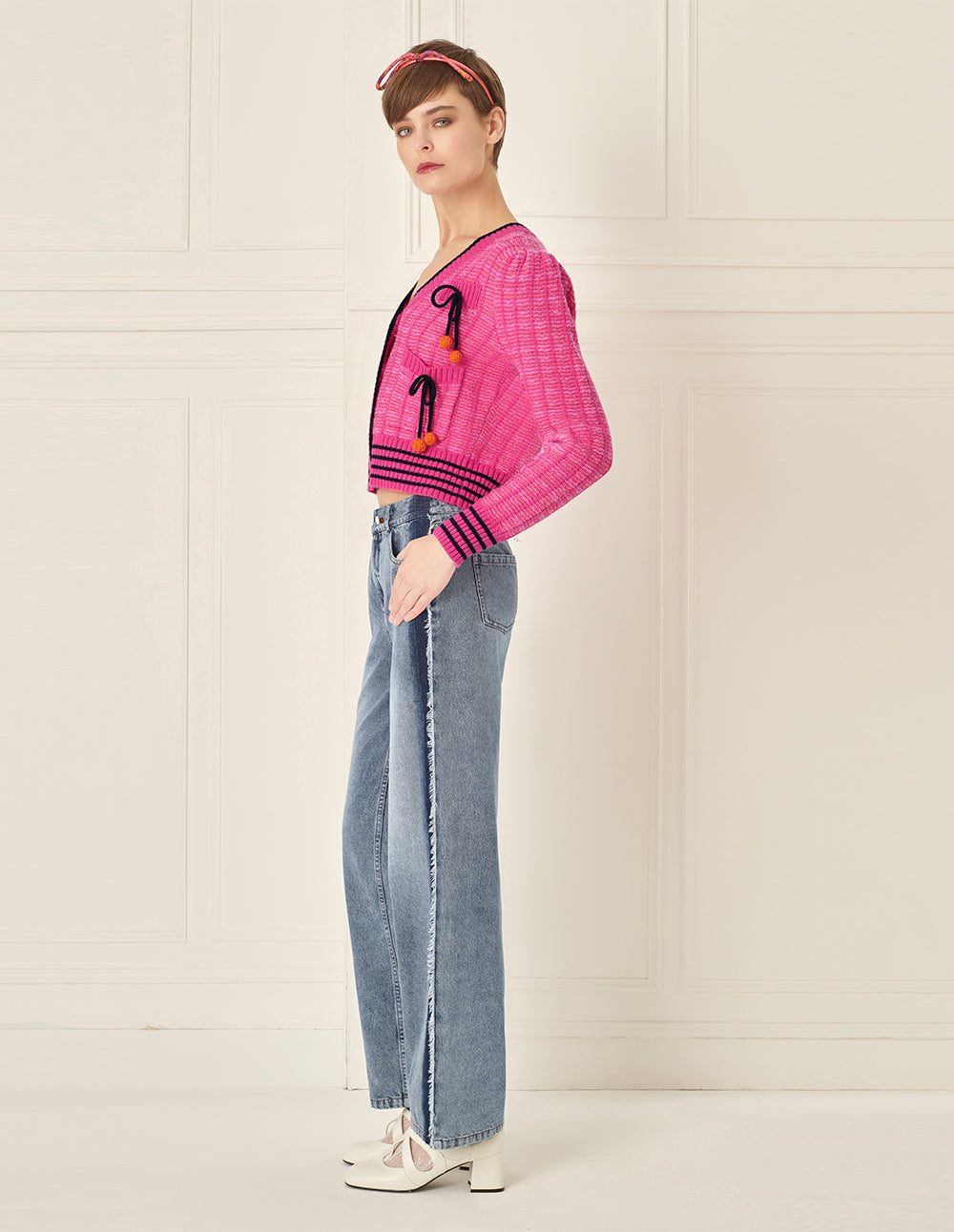 BORA AKSU Versatile White Washed Blue Frayed Wide Leg Jeans