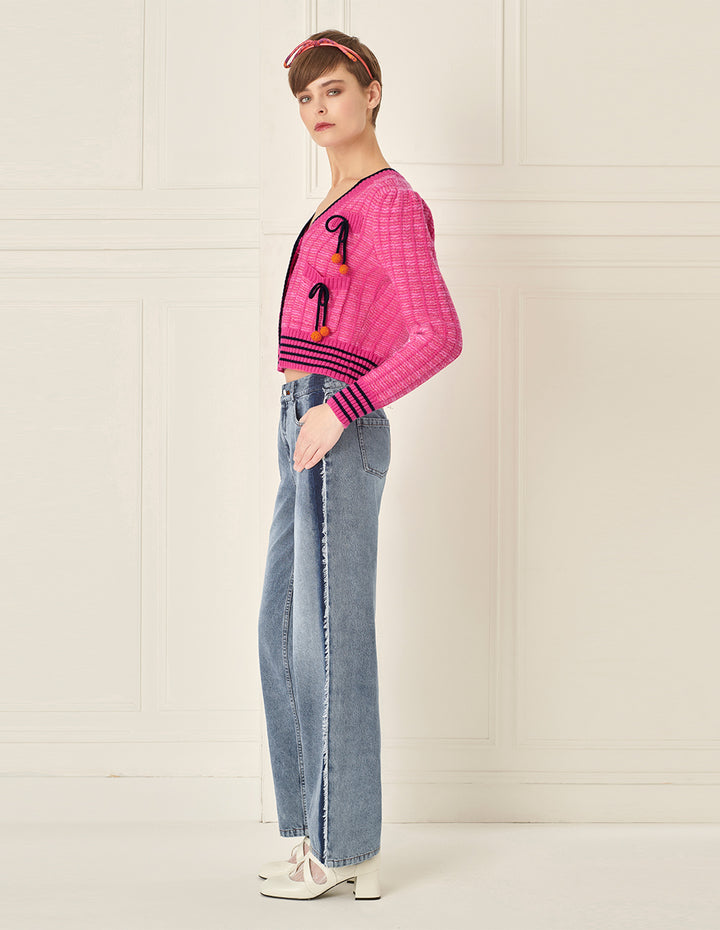 BORA AKSU Versatile White Washed Blue Frayed Wide Leg Jeans