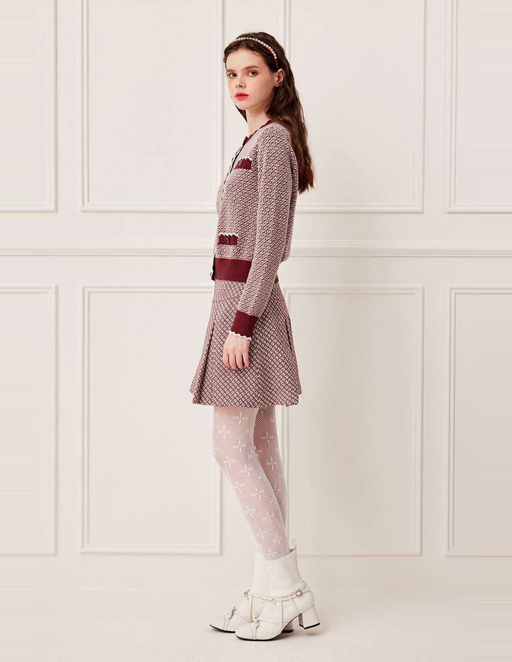 BORA AKSU Round Neck Ruffled-Trim Geometric Print Full Wool Knit Cardigan