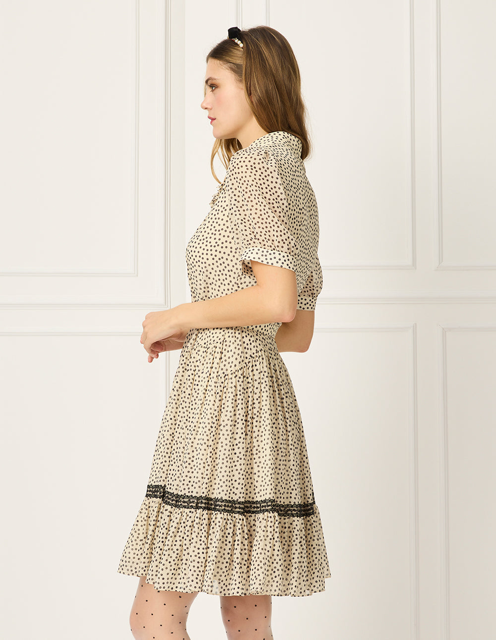 BORA AKSU Lapel Short-Sleeve Polka Dot Print Ruffle-Trimmed Pleated Midi Dress