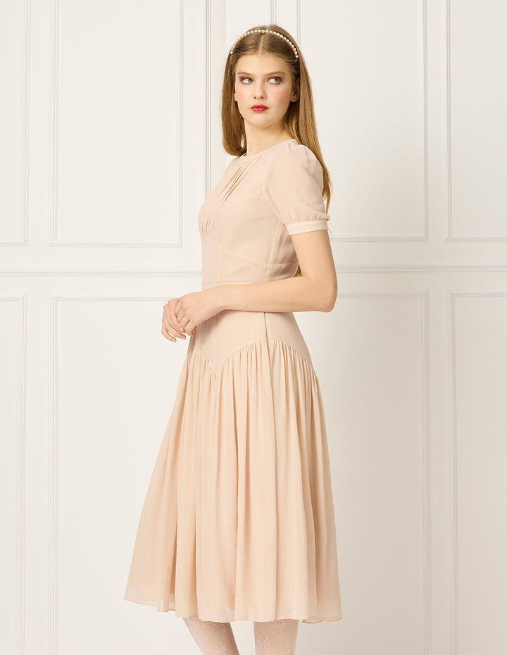 BORA AKSU Round-Neck Puff Short-Sleeve Pin-Tuck Empire-Waist Pleated Tulle Midi Dress