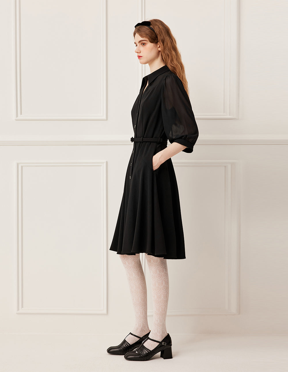 BORA AKSU V-Neck Sheer Three-Quarter Bubble Sleeve Belted Midi Shirt Dress
