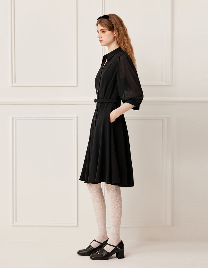 BORA AKSU V-Neck Sheer Three-Quarter Bubble Sleeve Belted Midi Shirt Dress
