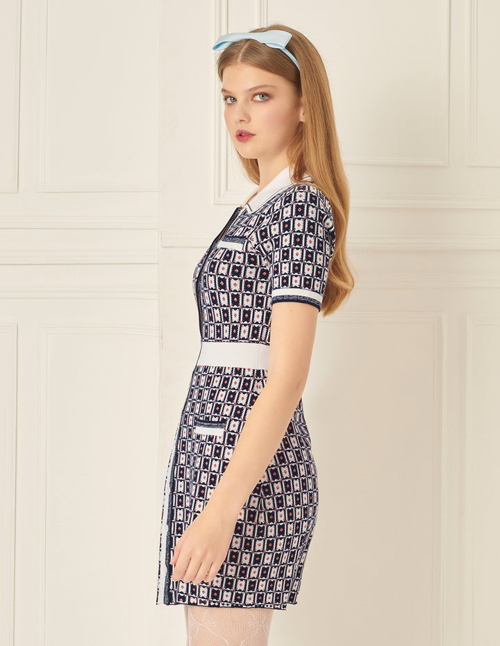 BORA AKSU Retro Contrasting Geometric Pattern Lapel Knitted Dress