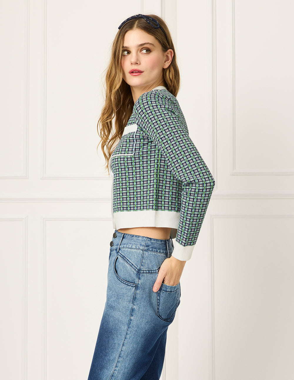 BORA AKSU Round-Neck Long-Sleeve Strip-Trim Plaid Knit Cardigan