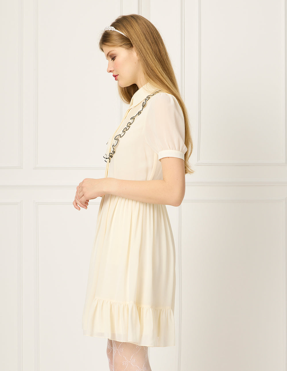 BORA AKSU Turn-Down Collar Puff Short Sleeve Pin-Tuck Black Ruffled-Trimmed Midi Shirt Dress