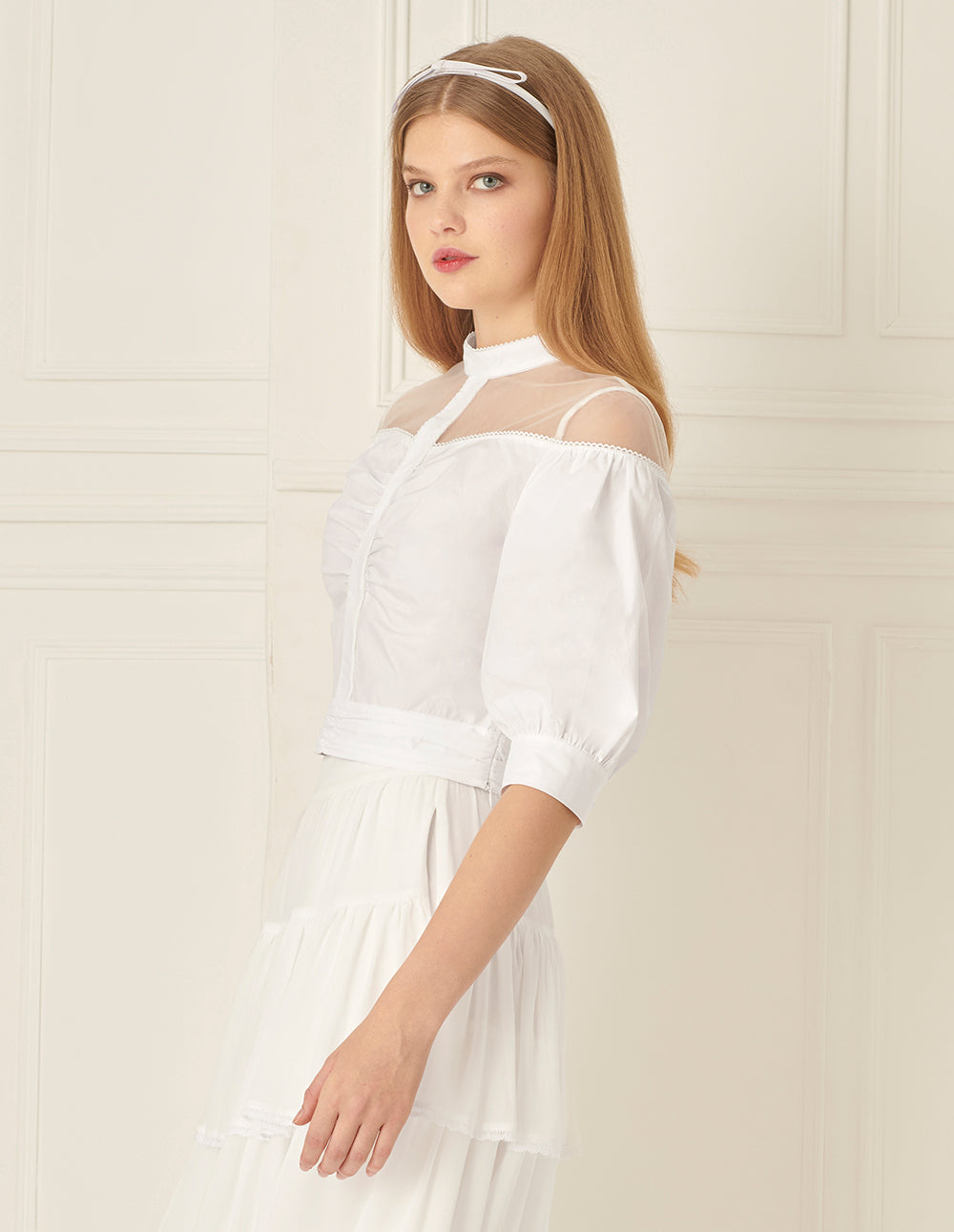 BORA AKSU Puff-Sleeved Mesh Pleated Top