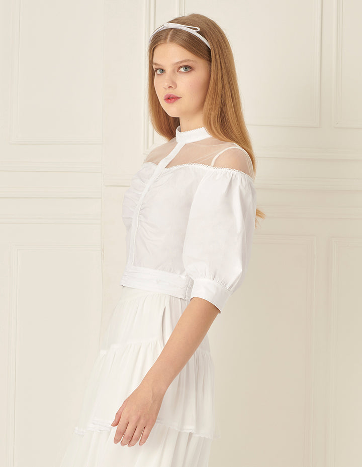 BORA AKSU Puff-Sleeved Mesh Pleated Top