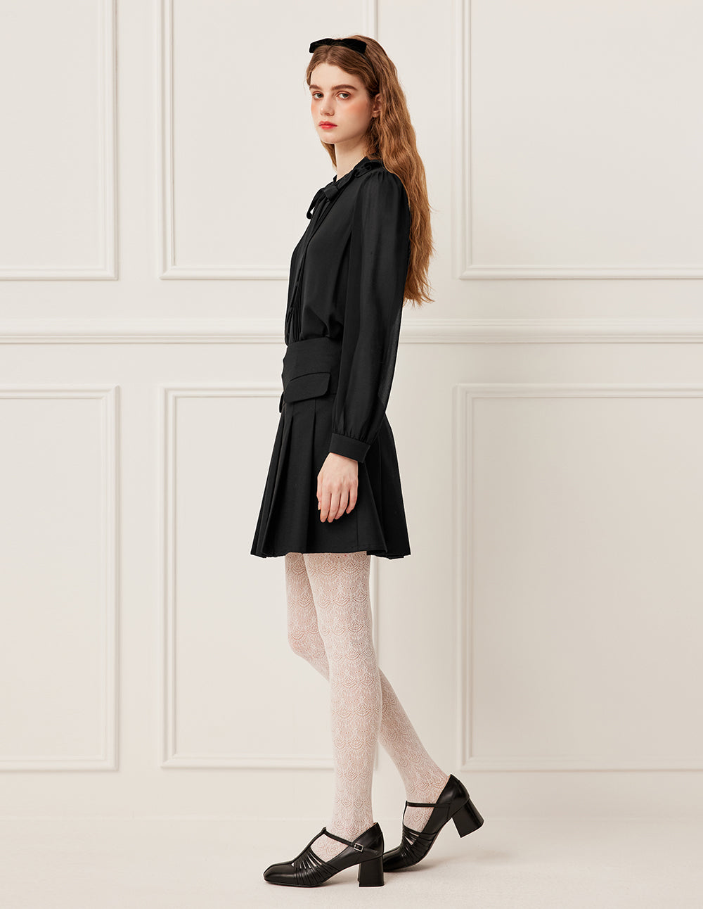 BORA AKSU Mandarin Collar Black Silk Blouse with Ruffle, Pleats And Tie Ribbon