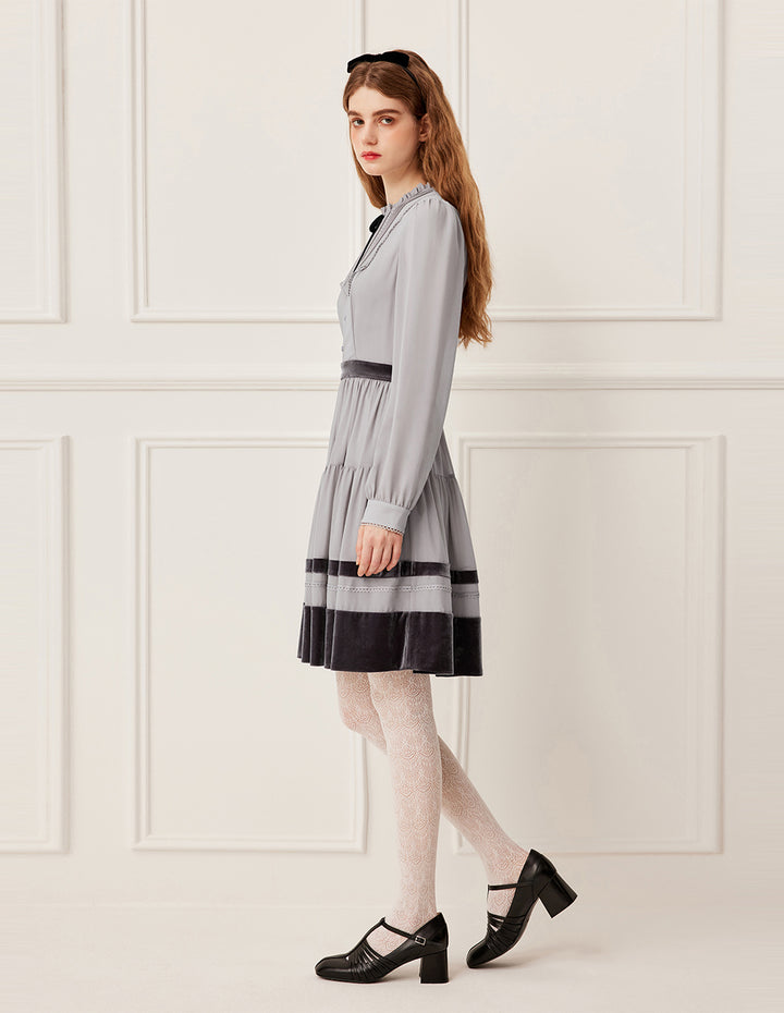 BORA AKSU Ruffled Round Neck Long Sleeve Pin-Tuck Velvet Trimmed Midi Dress