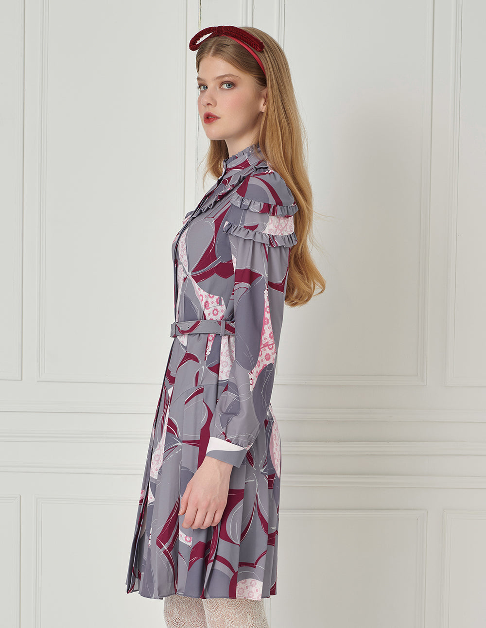 BORA AKSU Stand Collar Ruffled Puff Sleeves Abstract-Print Dress