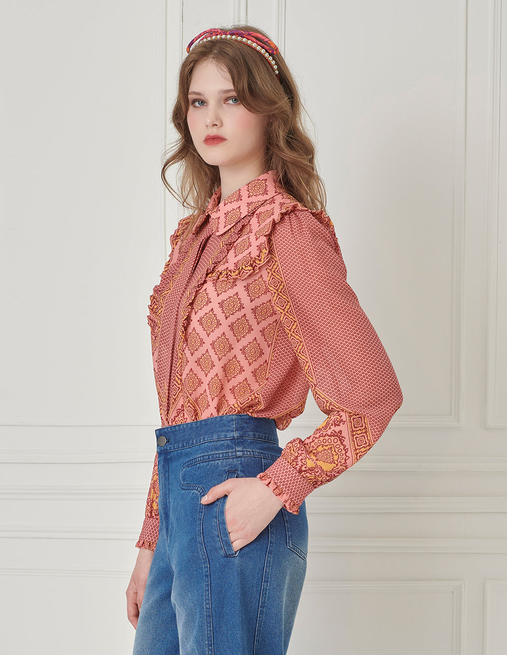 BORA AKSU Bohemian-Printed Blouse With Ruffle Details In Vibrant Pink & Yellow