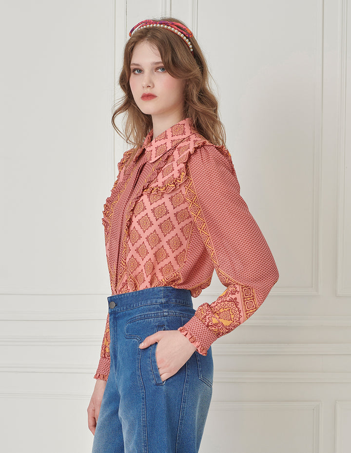 BORA AKSU Bohemian-Printed Blouse With Ruffle Details In Vibrant Pink & Yellow