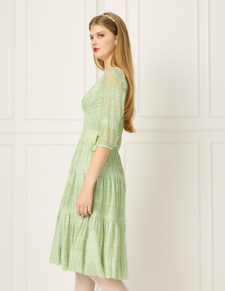 BORA AKSU V-Neck Puff Short Sleeve Tie Pleated Lace Midi Dress