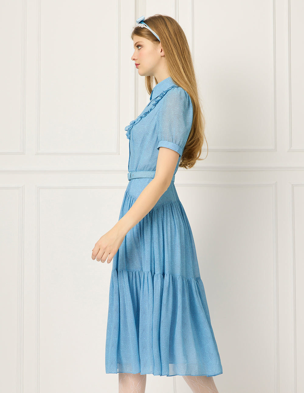 BORA AKSU Peter Pan Collar Ruffle Trim Puff Short Sleeve Waist-Tie Pleated Midi Dress