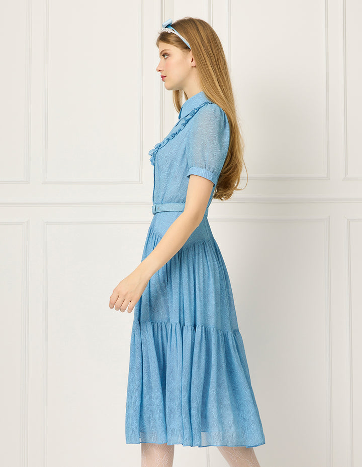 BORA AKSU Peter Pan Collar Ruffle Trim Puff Short Sleeve Waist-Tie Pleated Midi Dress