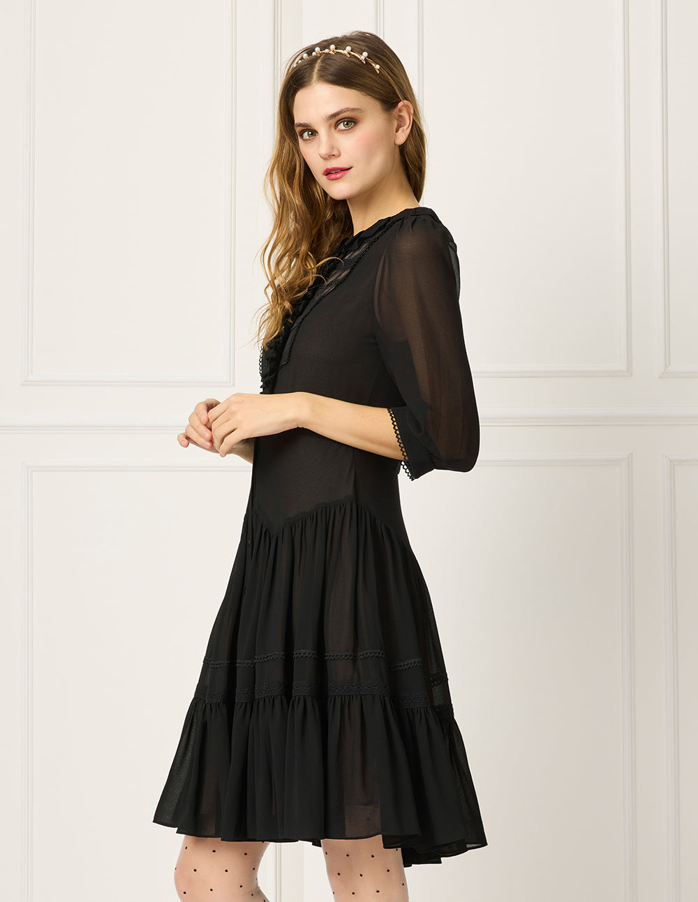 BORA AKSU Ruffled Round-Neck Puff Sleeve Mesh Spliced Pleated Little Black Dress