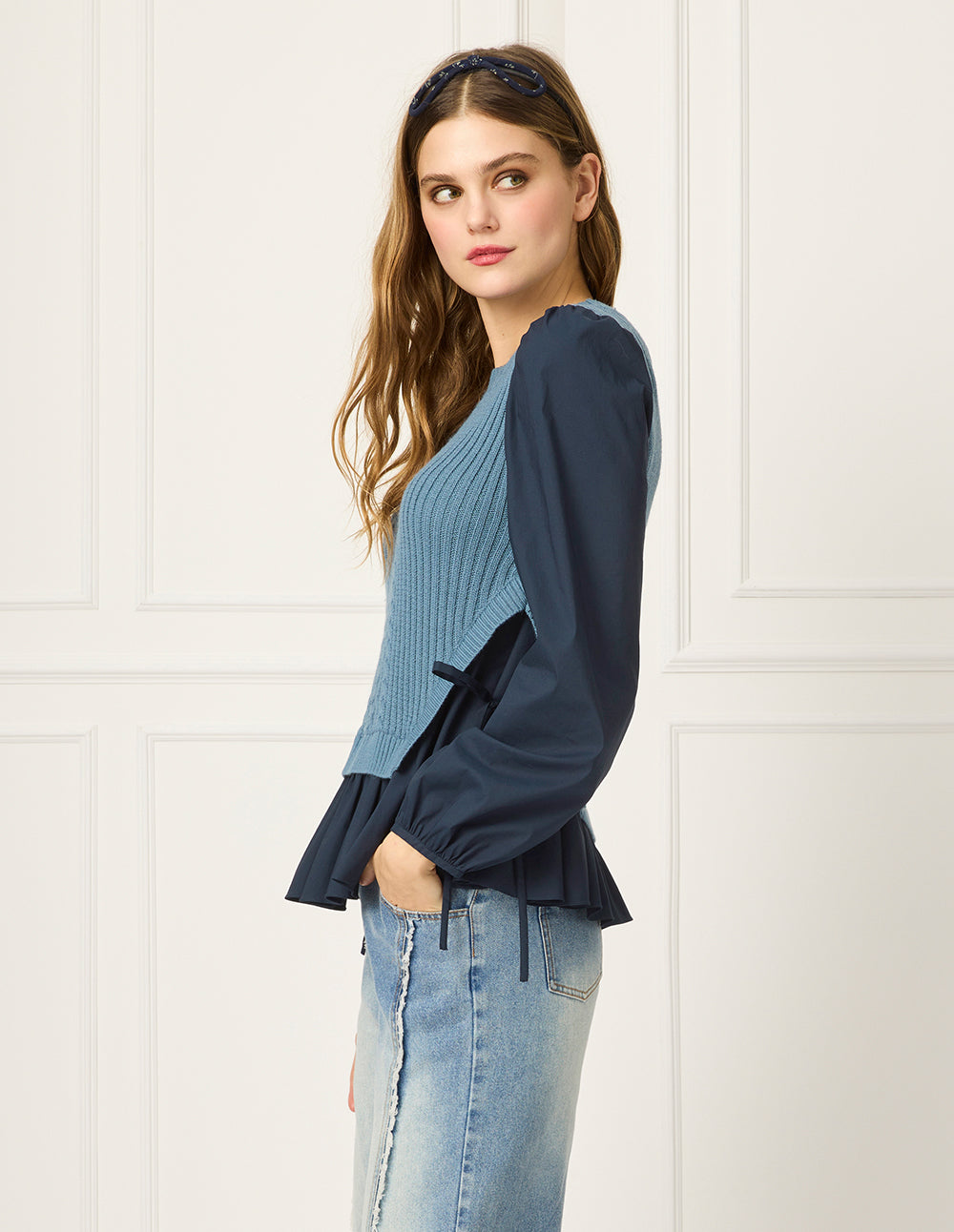 BORA AKSU Round-Neck Bubble Long Sleeve Patchwork Knit Top