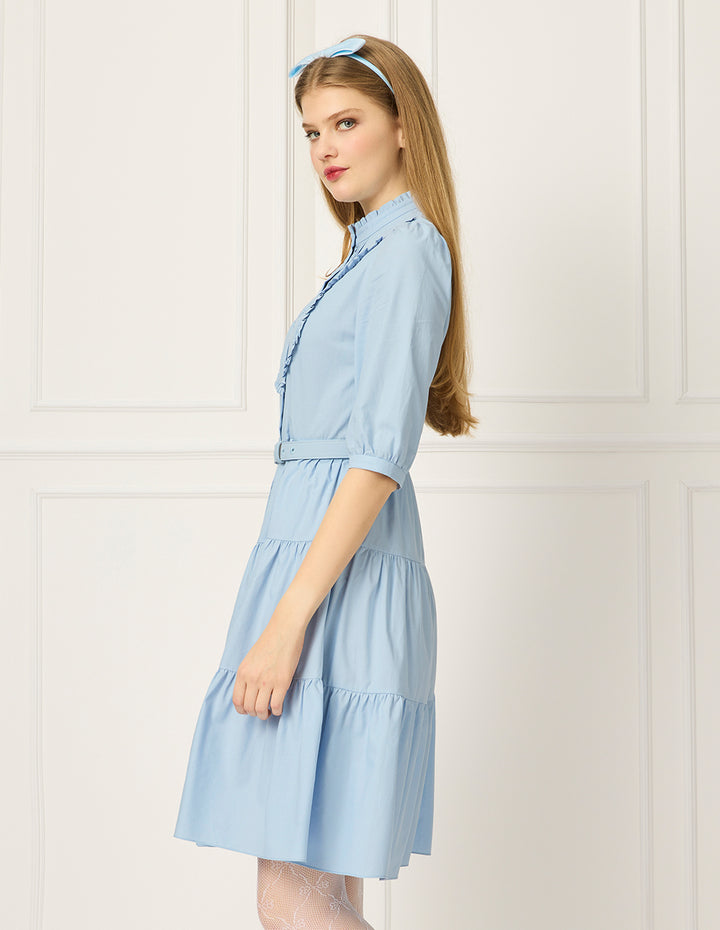 BORA AKSU Ruffled Stand-Collar Pin Tuck Puff Short-Sleeved Pleated Midi Dress