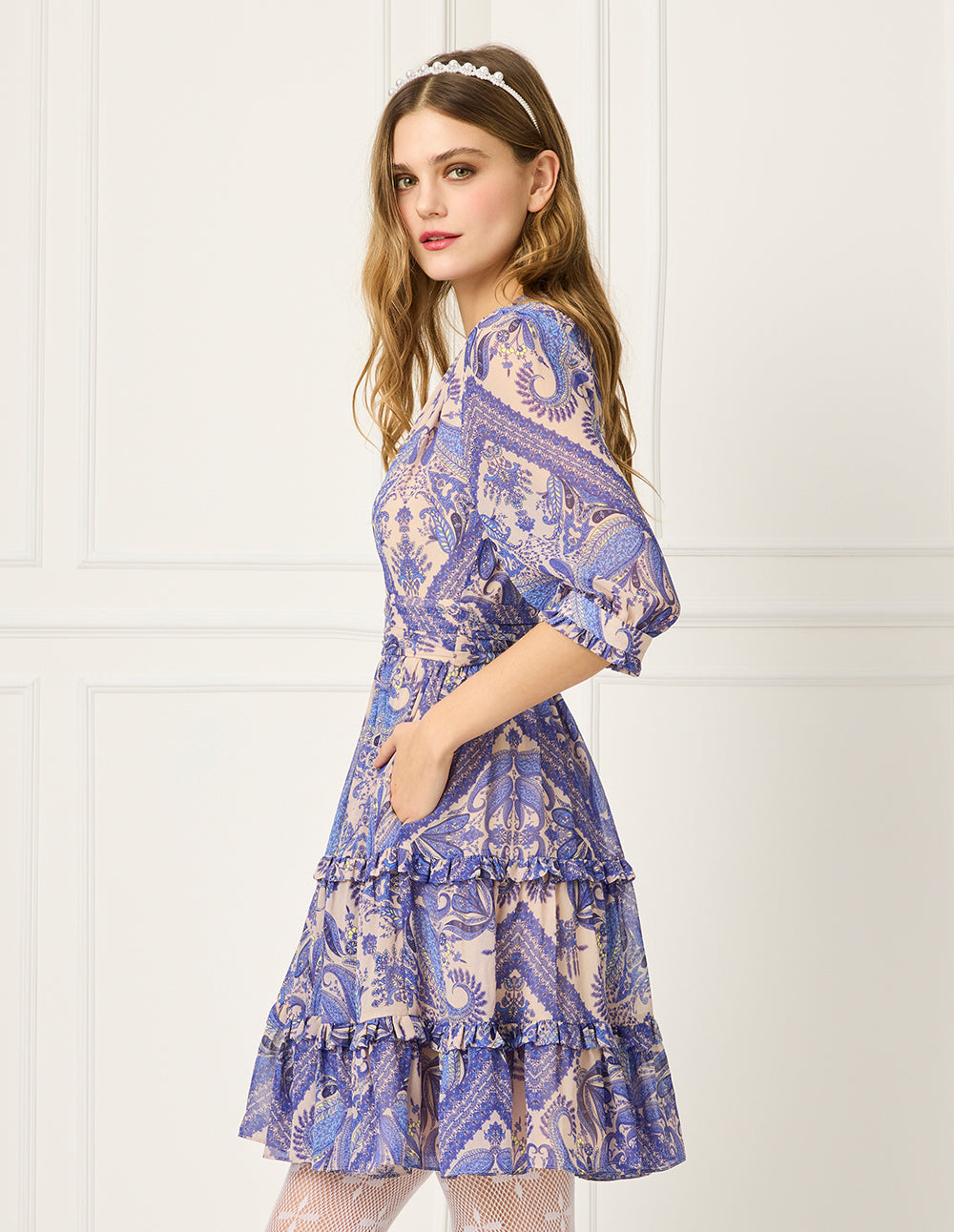 BORA AKSU V-Neck Puff-Sleeve Wrap Paisley Print Pleated Prairie Dress