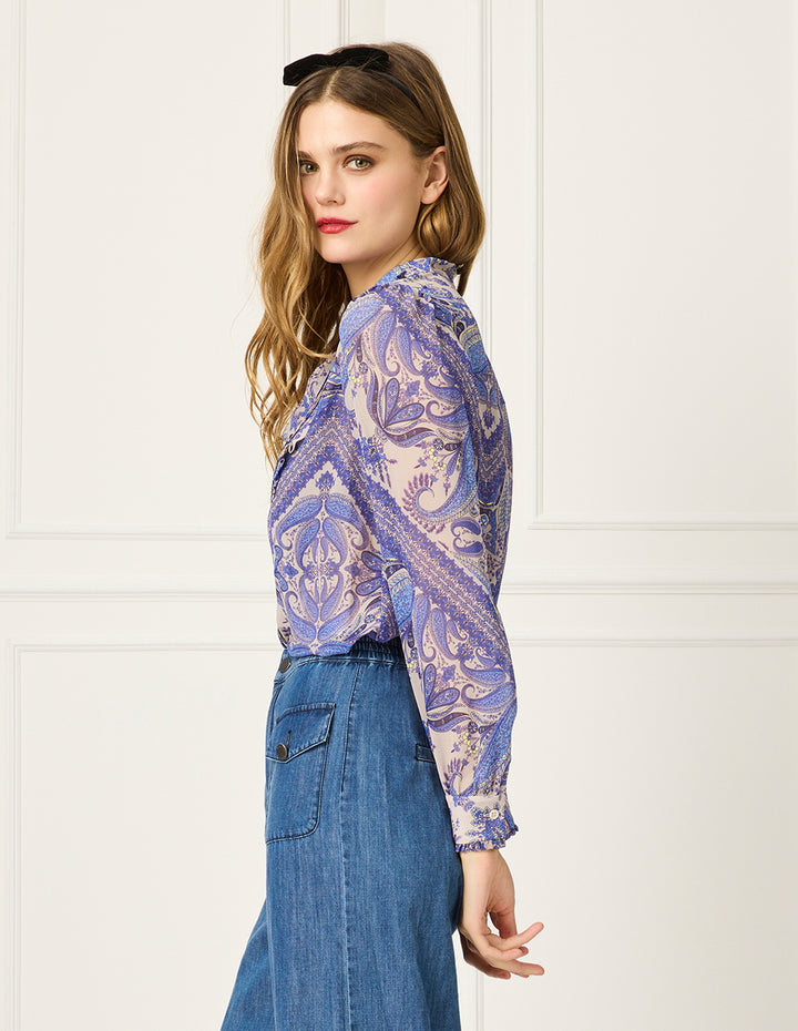 BORA AKSU Butterfly Tie Tuxedo Collar Paisley Print Long Sleeve Blouse