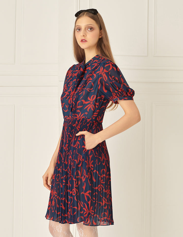 BORA AKSU French Float Neck Pleated Print Dress