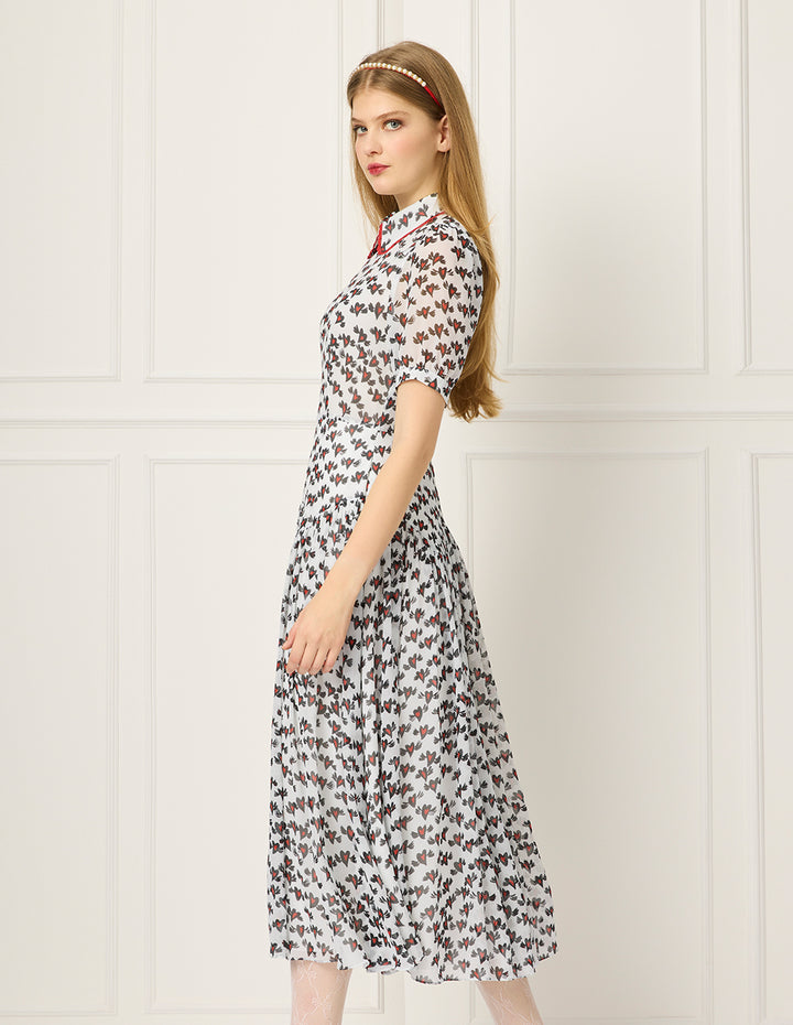 BORA AKSU Peter Pan Collar Puff Short-Sleeve Heart Print Lace-Trim Empire-Waist Pleated Midi Dress