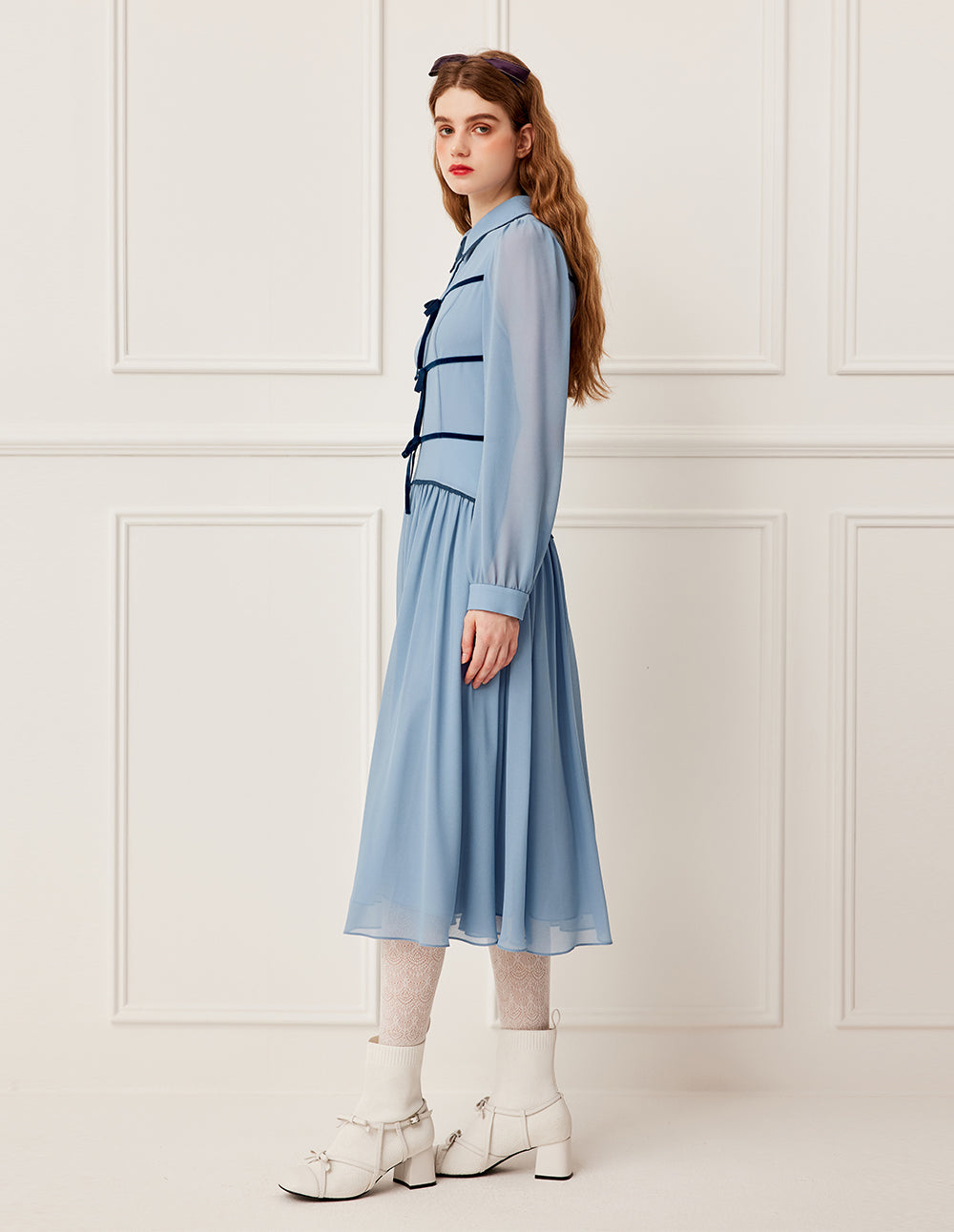 BORA AKSU Collared Bow Bubble Sleeve Pleated Midi Dress