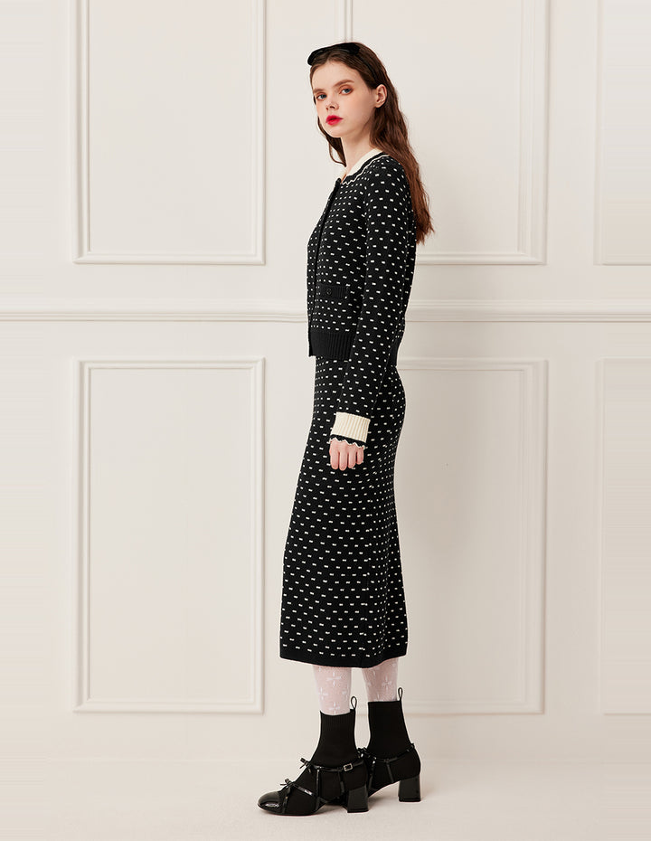 BORA AKSU High-Waist Straight-Cut White Polka Dot Wool Knit Skirt