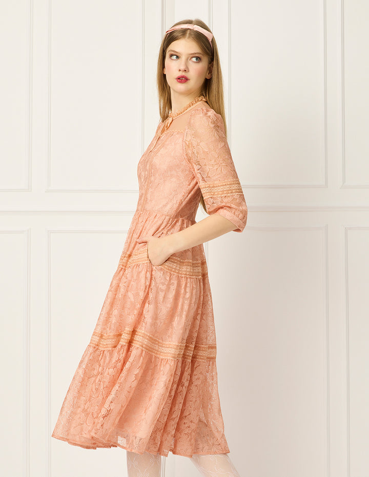 BORA AKSU Ruffled Round Neck Puff Short Sleeve Sheer Lace Hollow-Out Prairie Midi Dress