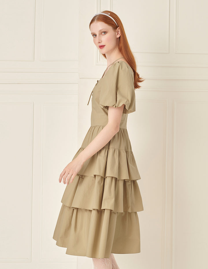 BORA AKSU Smocked Square Neck Lantern Sleeve Tiered Ruffle Dress