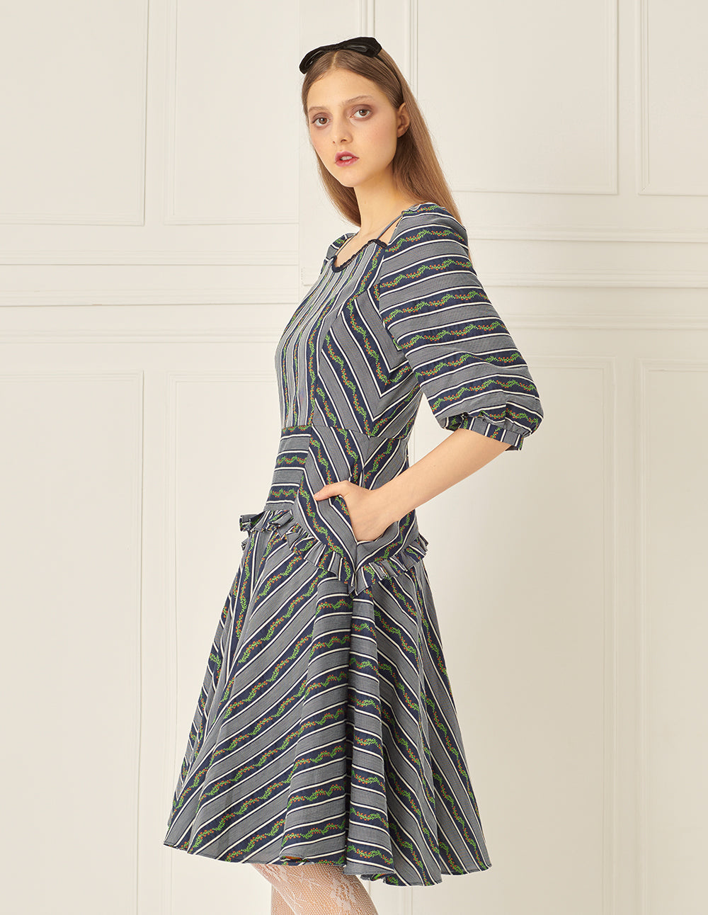 BORA AKSU Off-The-Shoulder Pleated Striped Print Dress