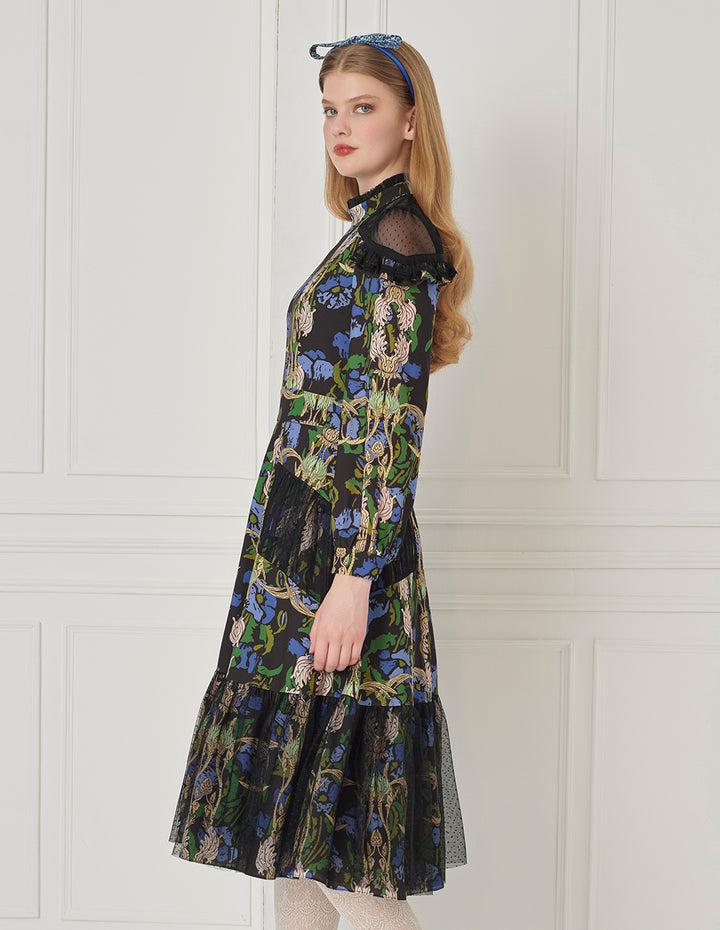 BORA AKSU Vintage High-Collar Mesh Patchwork Printed Pleated Midi Dress