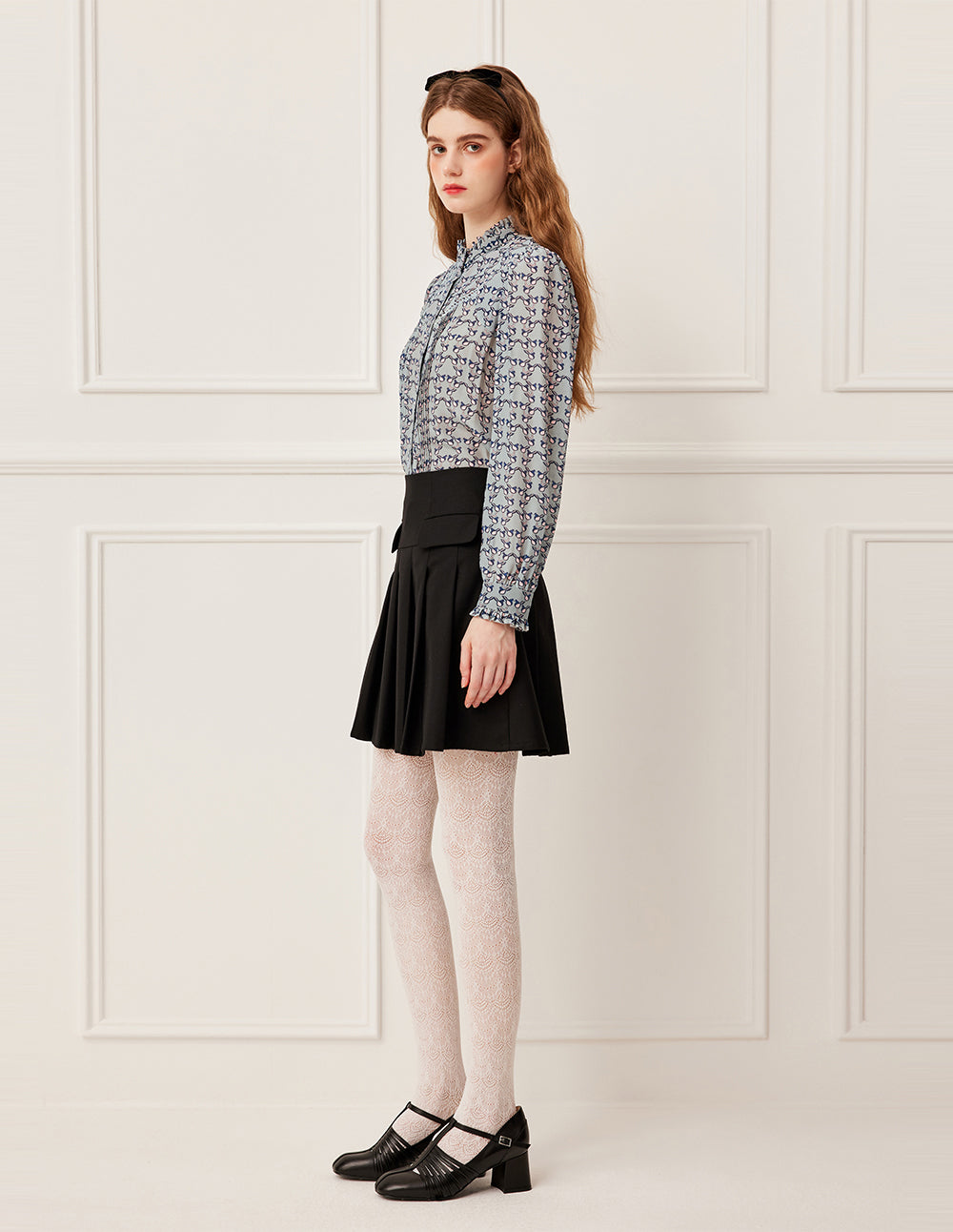 BORA AKSU Ruffled Stand Collar Long Sleeve Pin Tuck Floral Print Silk Blouse