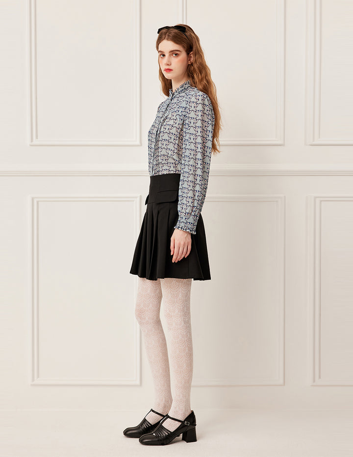 BORA AKSU Ruffled Stand Collar Long Sleeve Pin Tuck Floral Print Silk Blouse