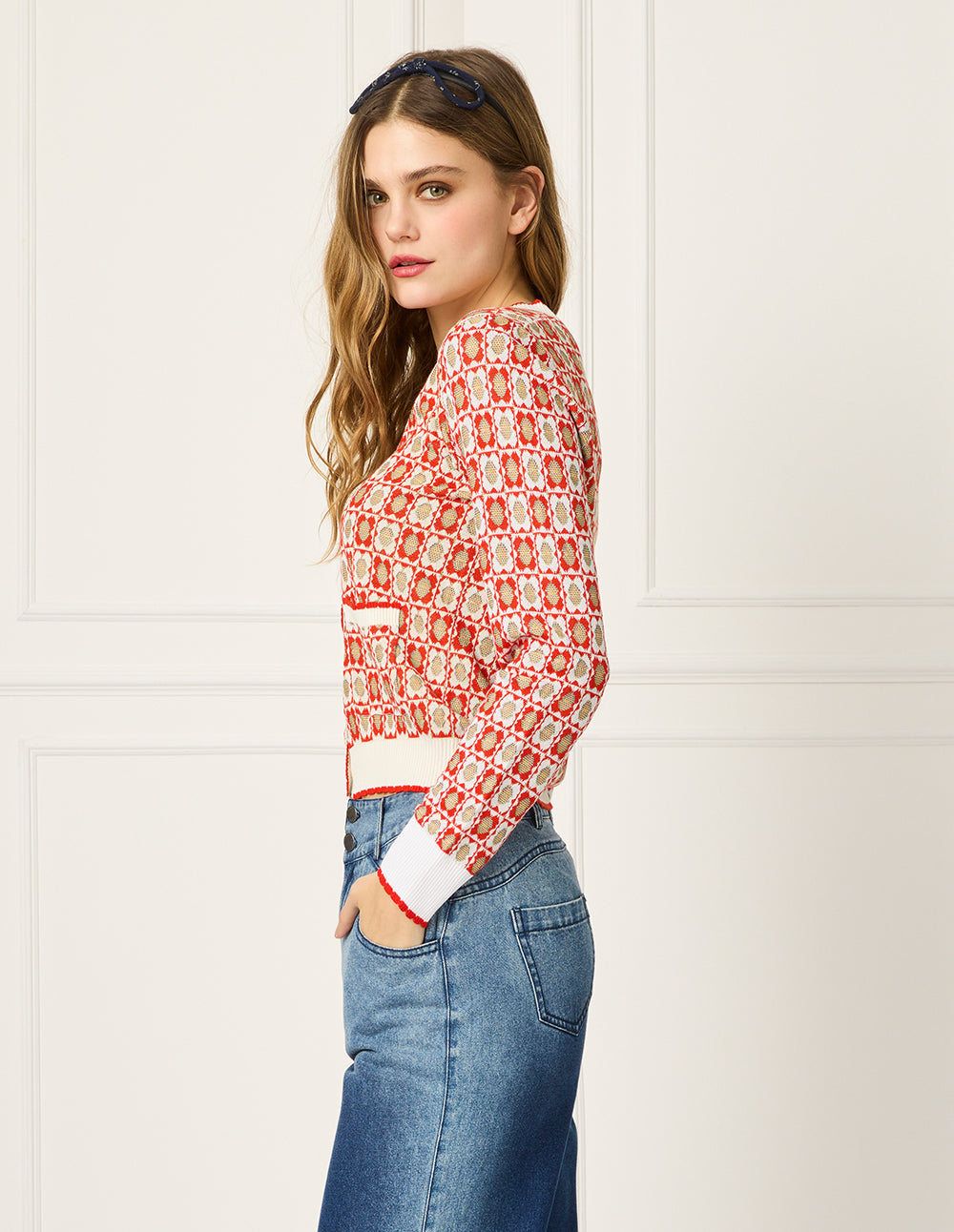 BORA AKSU V-Neck Checkered Trim Knit Cardigan