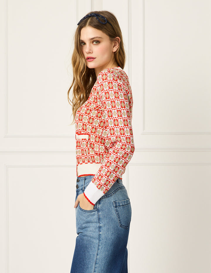 BORA AKSU V-Neck Checkered Trim Knit Cardigan