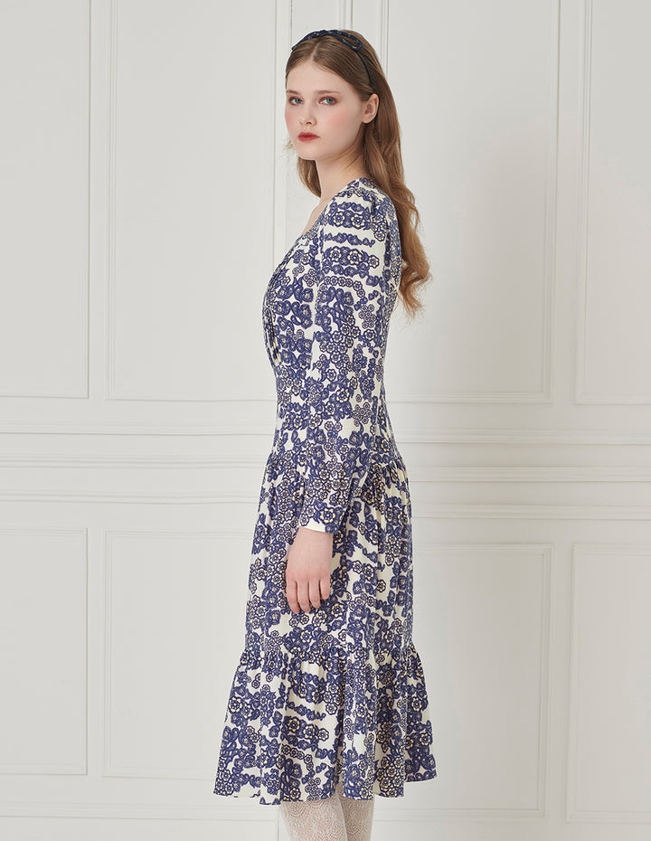 BORA AKSU Retro Square Neck Long Sleeve Pleated Printed Dress