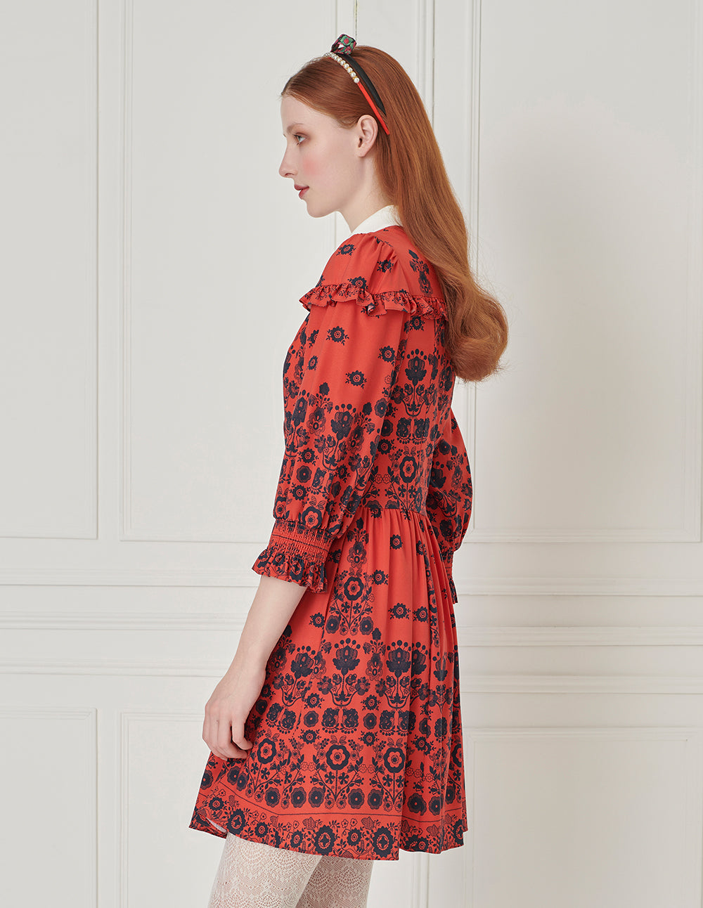 BORA AKSU Peter Pan Collar Long Bubble Sleeve Ruffle Floral Print Dress