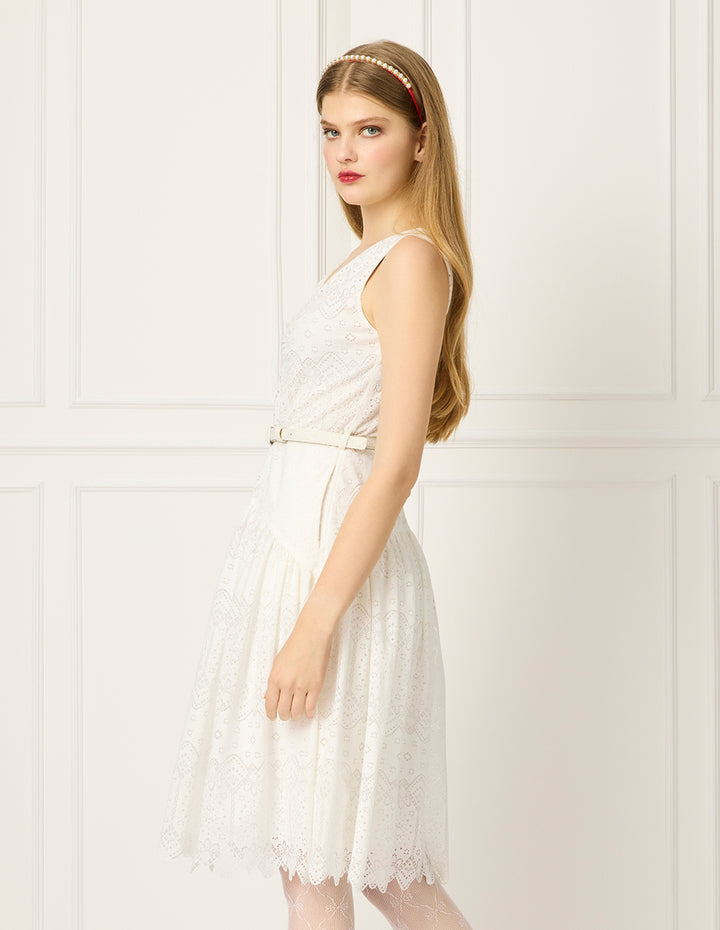 BORA AKSU V-Neck Sleeveless A-Line Embroidery Hollow Flowers Midi Dress