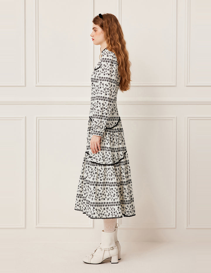 BORA AKSU Turtleneck Collar Lace-Ruffle-Trim Floral Pleated Midi Dress
