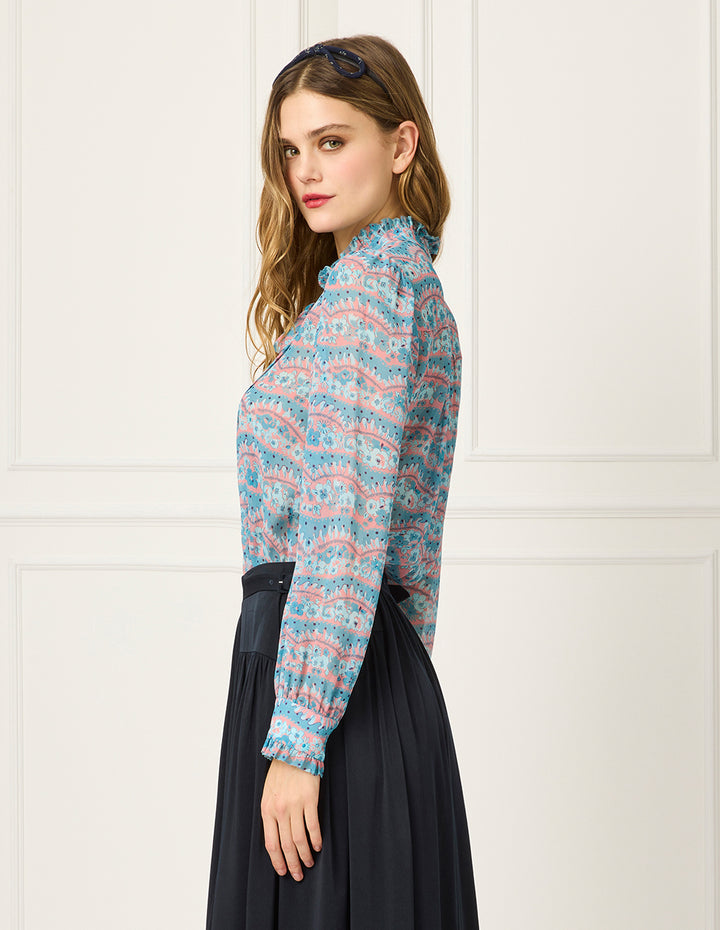 BORA AKSU Tie-Collar Puff Long Sleeve Printed Pin Tuck Blouse